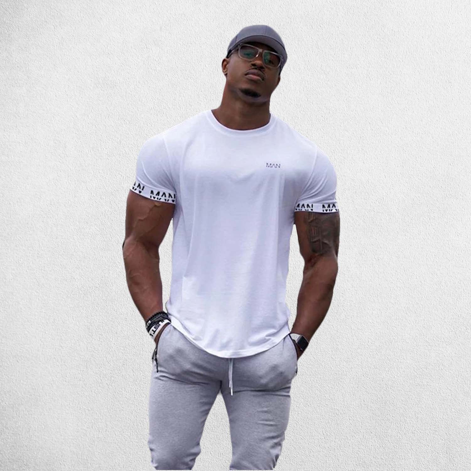 Gym Athlete wearing White Man Printed Quick-Dry Compression Gym T-Shirt – Breathable & Performance-Driven Activewear