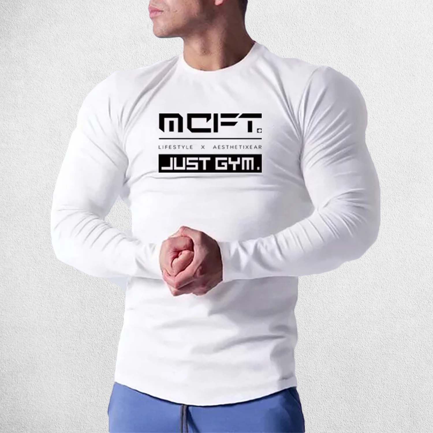 Model Wearing White Men’s Muscle Guys Fitness Long Sleeve T-Shirt – Front view showcasing O-neck design and letter pattern for gym and casual wear.