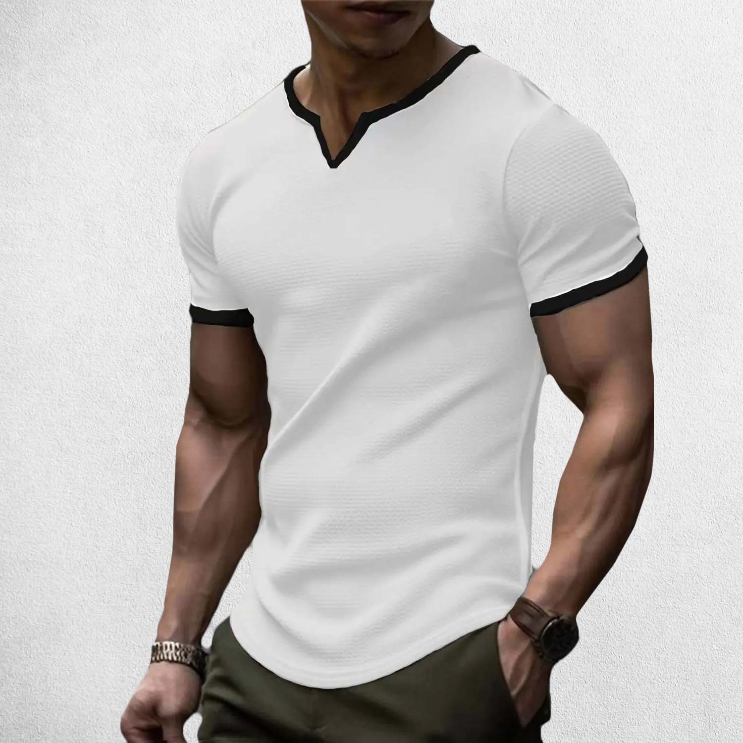 Model Wearing White Men’s Casual Slim Fit V-Neck Waffle Solid Color Short Sleeve T-Shirt for Summer in a studio background