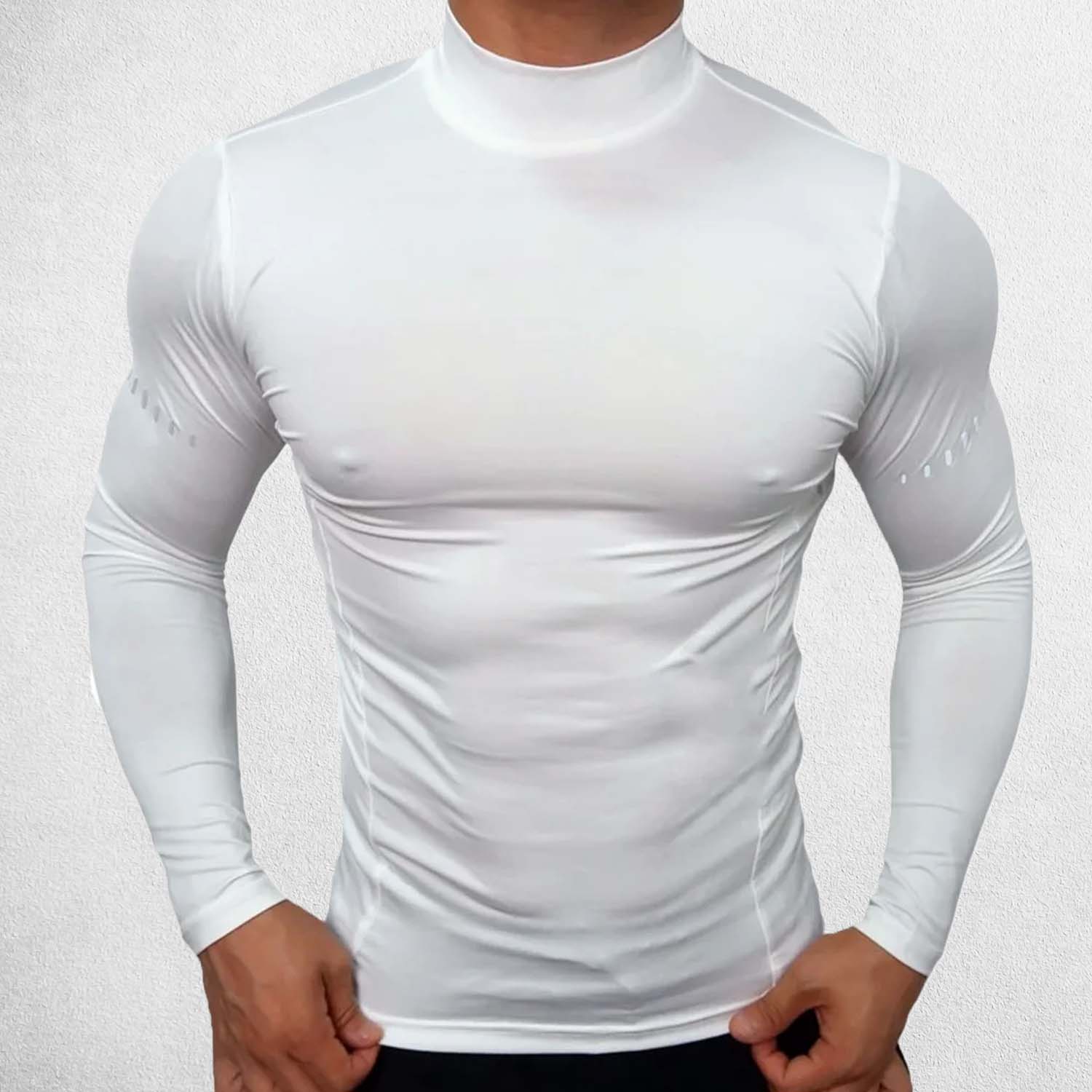 Front view of model wearing White Men’s Long Sleeve Compression Shirt – Quick-Dry Athletic Training Tee