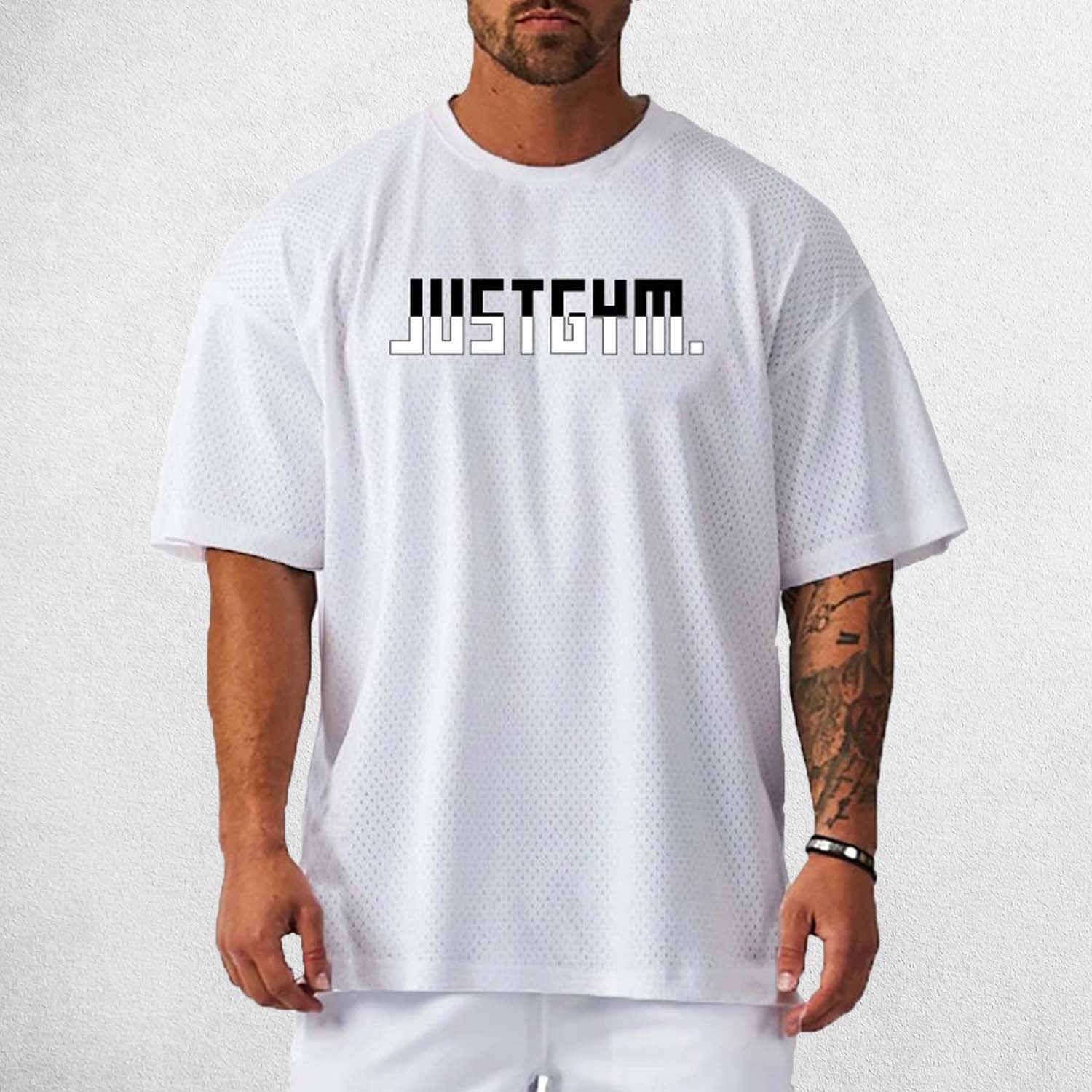 Front View of Model Wearing White Men’s Short Sleeve Quick Dry Oversized Mesh Gym T-Shirt – Breathable, Quick-Dry Fitness Tee