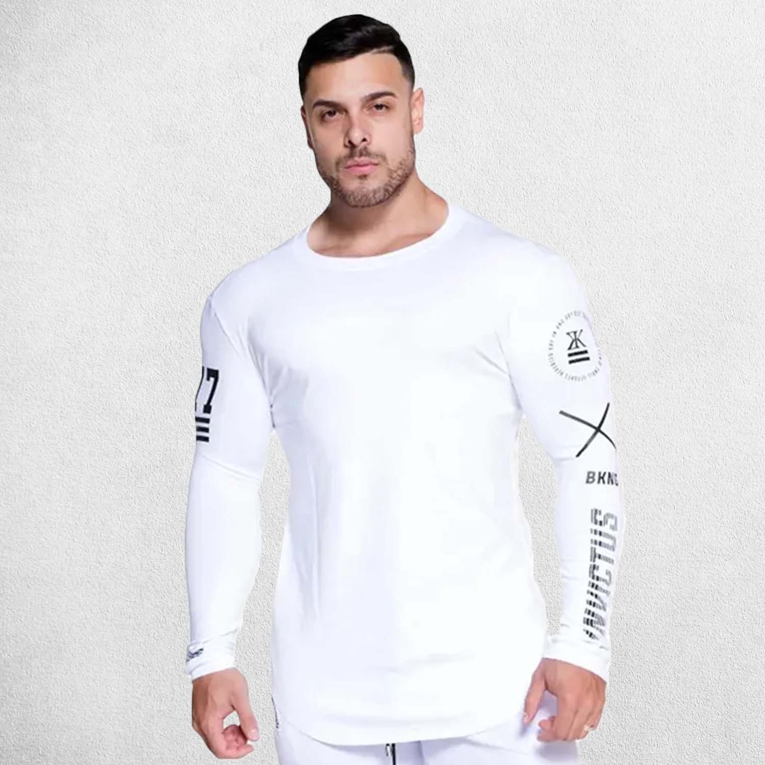 Men’s Skinny Long Sleeve Shirt – Front view showcasing fashion print design and slim fit for gym and casual wear.