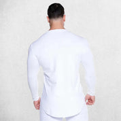 "Back view of the shirt, highlighting its long sleeve design and quick-dry fabric for spring and autumn