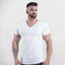 Front View of Model Wearing White Men’s Slim-Fit Cotton Gym T-Shirt – V-Neck Short Sleeve Workout & Bodybuilding Tee