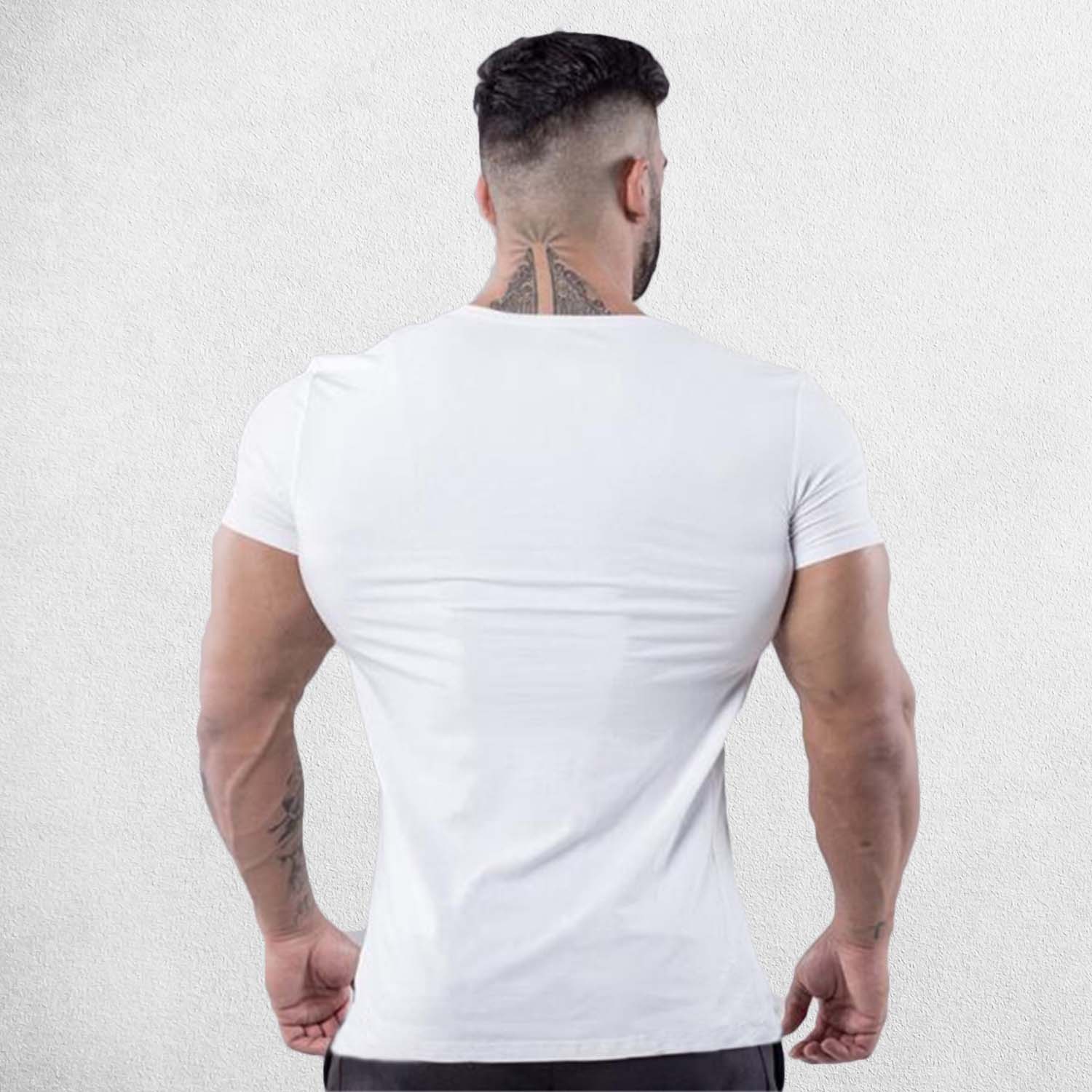 Back View of Model Wearing White Men’s Slim-Fit Cotton Gym T-Shirt – V-Neck Short Sleeve Workout & Bodybuilding Tee