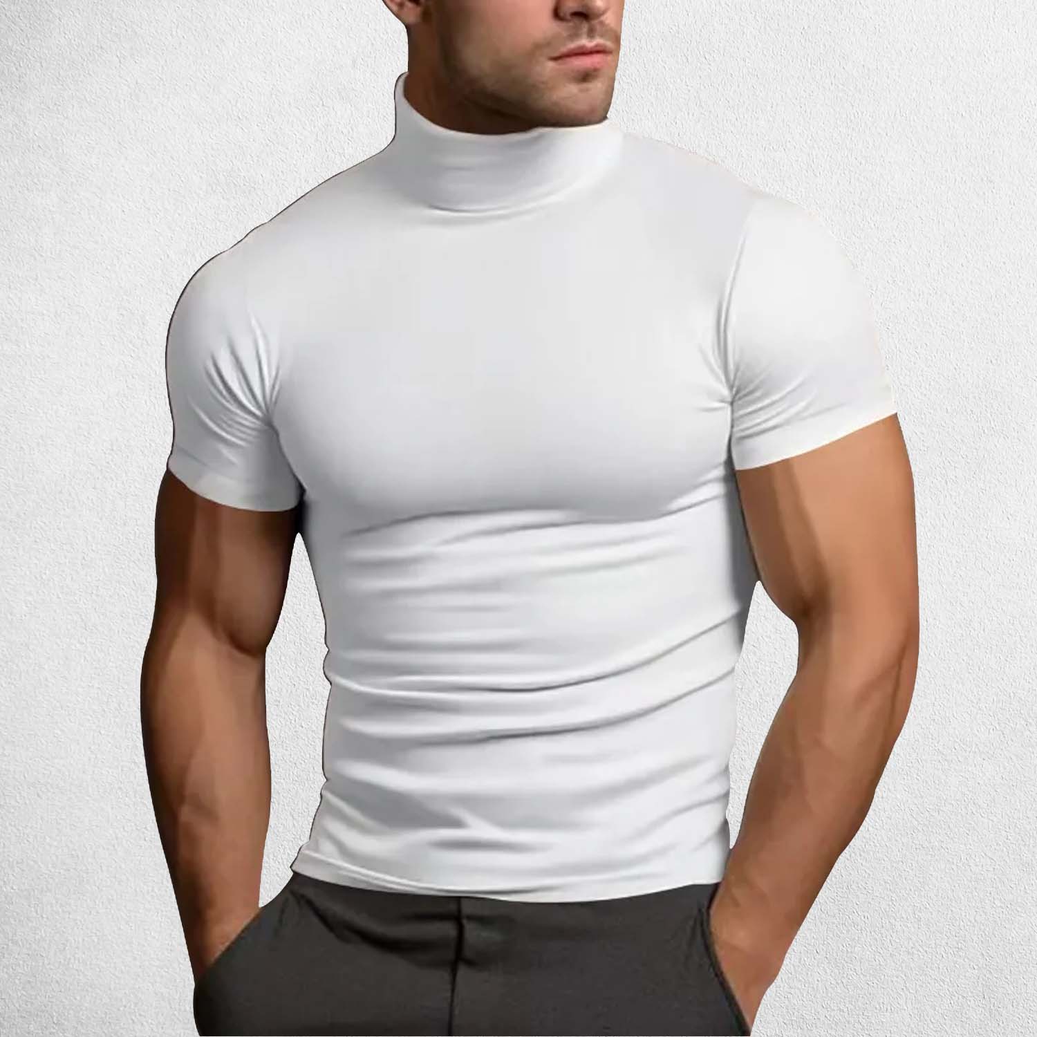 SLim fit White Men’s Slim Fit Cross-Border Summer Solid Color Turtleneck T-Shirt for Fitness & Casual Wear