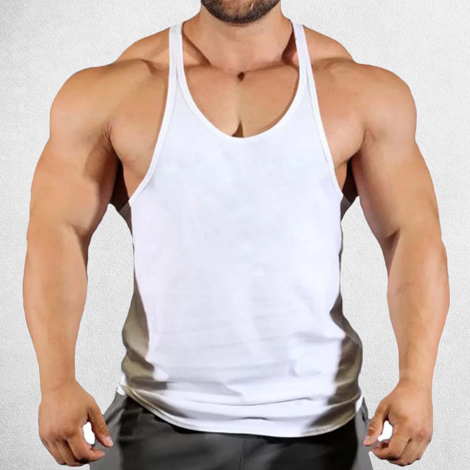 Front View of Model Wearing White Men's Solid Color Cotton Y-Back Sleeveless Tank Tops for Gym Muscle Training & Athletic Workout