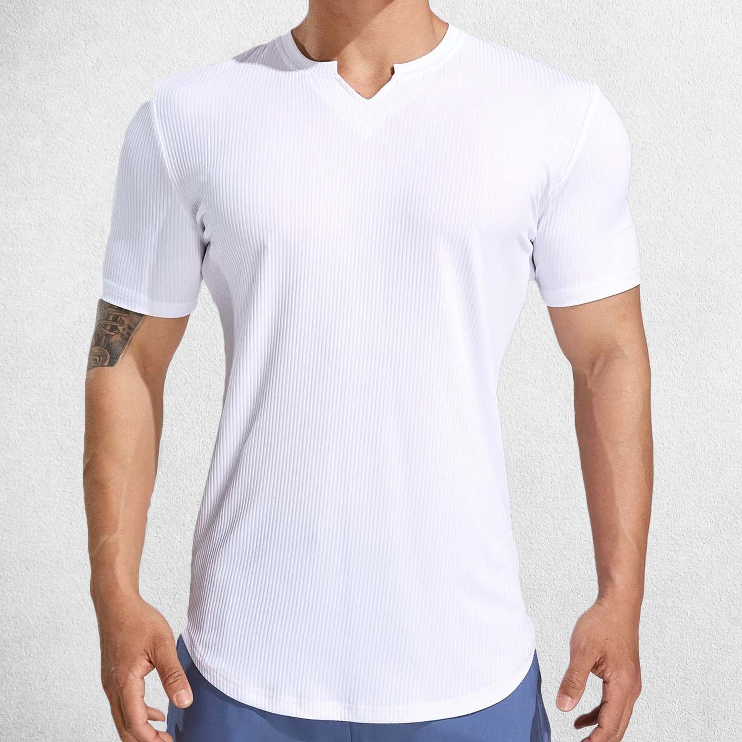 White Men’s Sport Semi-Tight Fitness T-Shirt – Front view showcasing stretchy fabric and V-neck design for basketball and running.