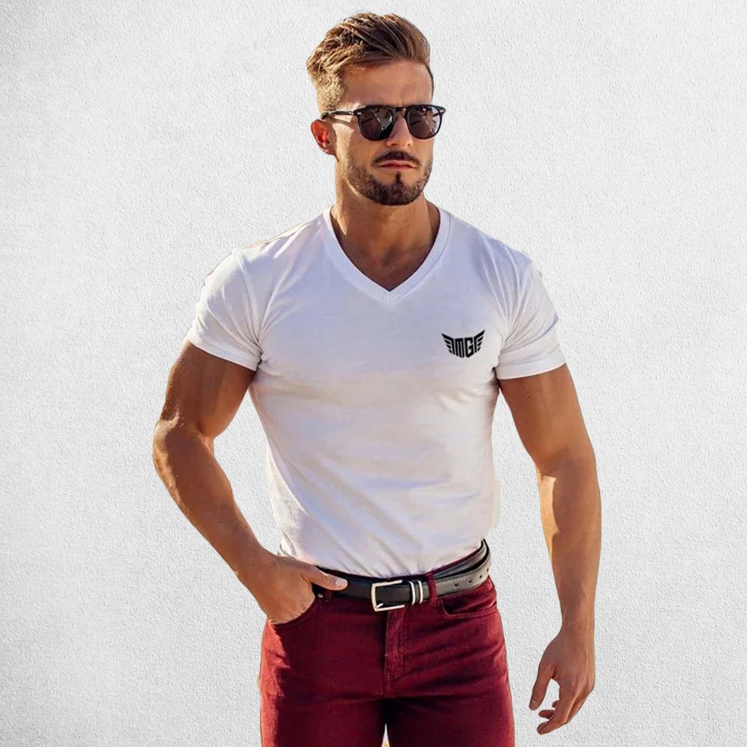 Front View of Model Wearing White Men’s V-Neck Slim Fit Gym T-Shirt – Breathable, Muscle-Enhancing Cotton Tee for Training & Casual Wear