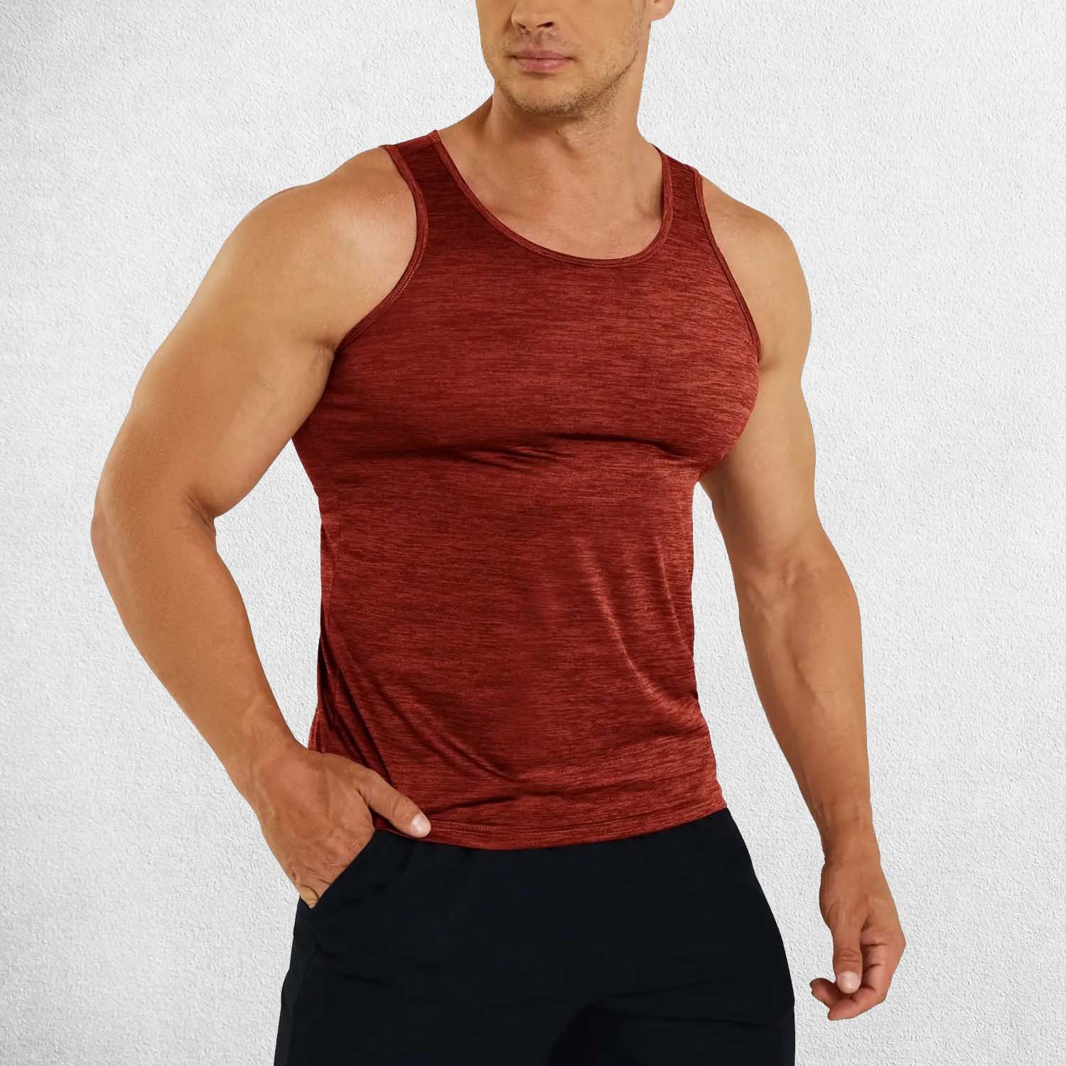 Front View of Model Wearing Wine Red Men’s Sleeveless Breathable & Slim Fit Cotton Tank Top – Gym, Fitness, Casual Wear & Sports Undershirt