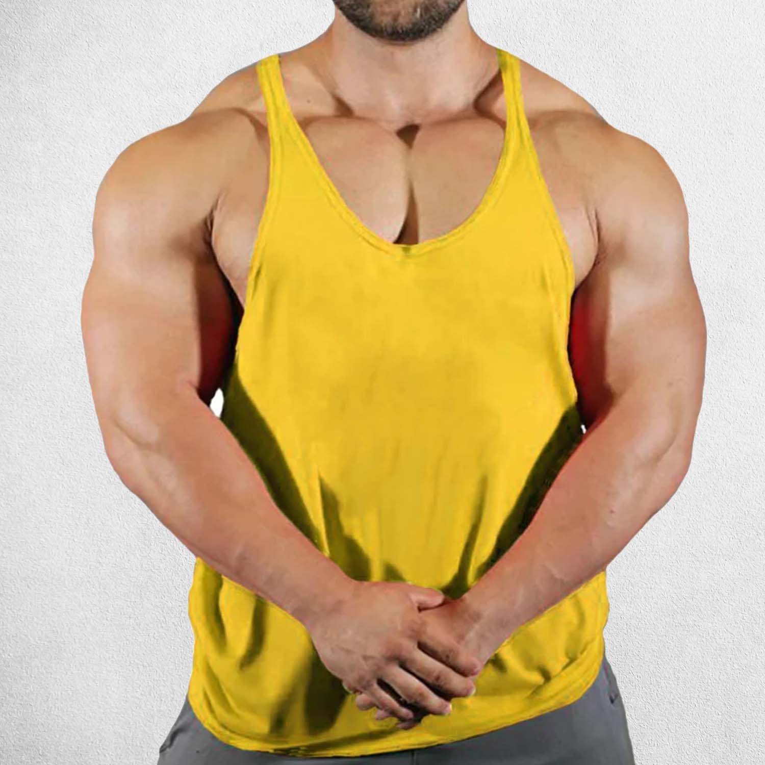 Front View of Model Wearing 
 Yellow Men's Solid Color Cotton Y-Back Sleeveless Tank Tops for Gym Muscle Training & Athletic Workout