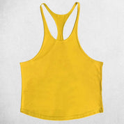 Close-up of Yellow breathable cotton fabric on a gym tank top