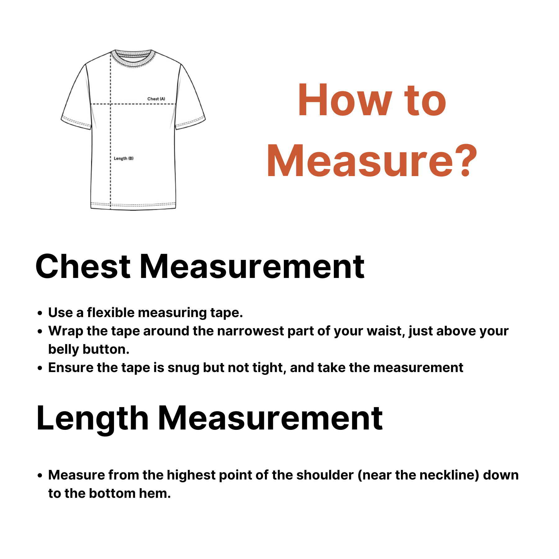 Instructions on how to measure chest and length for a shirt on a white background